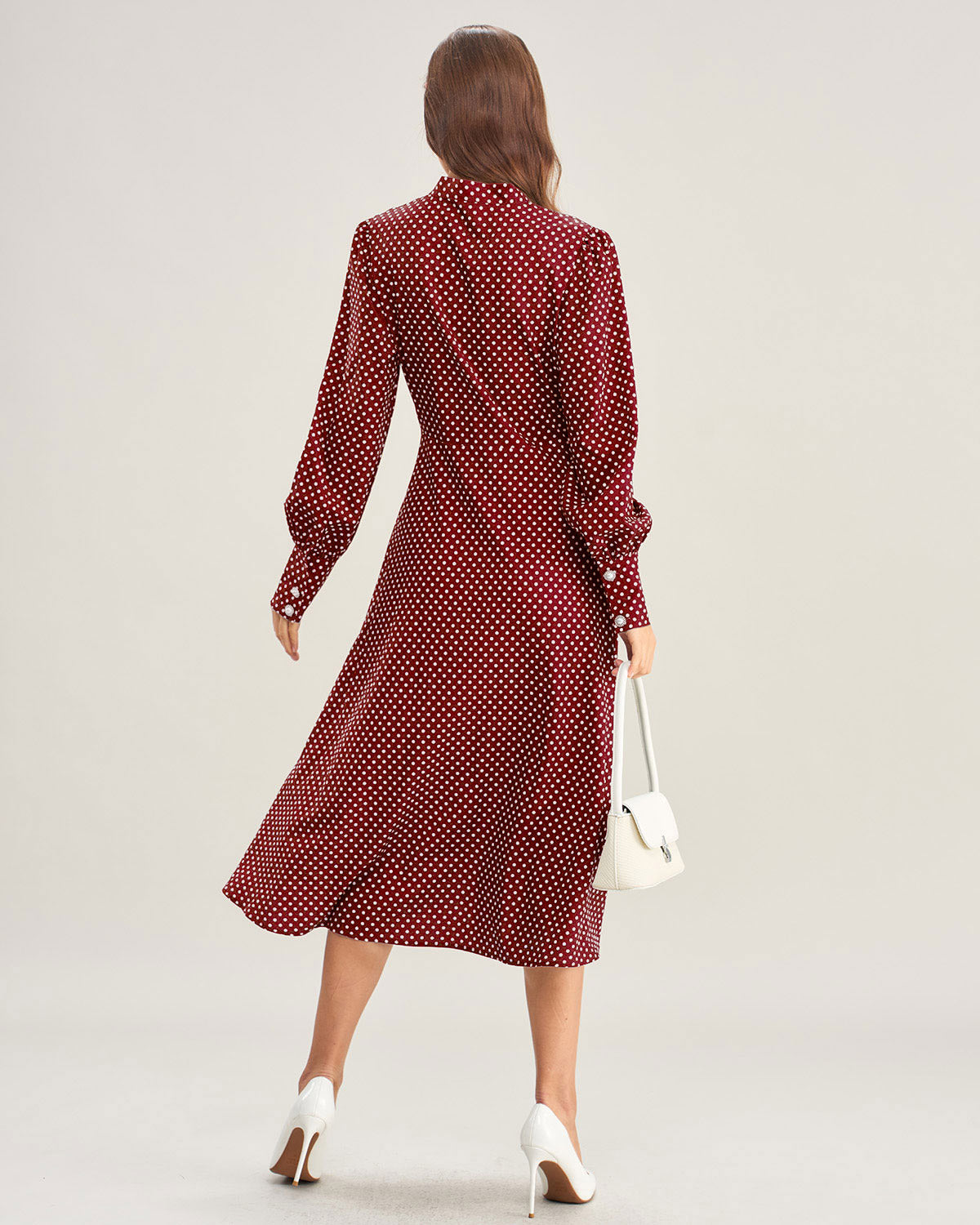 Vestido Midi de Lunares con Manga Obispo en Rojo Vino