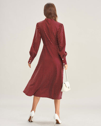 Vestido Midi de Lunares con Manga Obispo en Rojo Vino