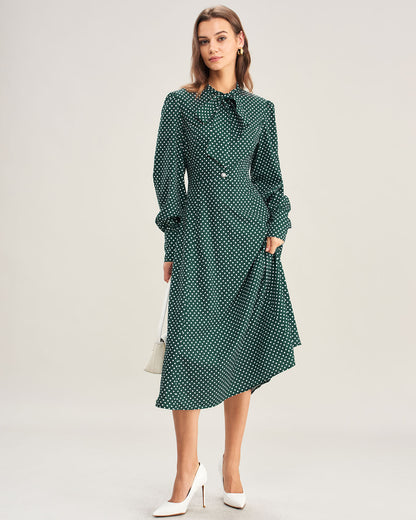 Vestido Midi con Cuello de Lazo de Lunares Verdes