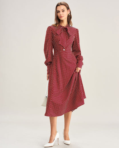 Vestido Midi de Lunares con Manga Obispo en Rojo Vino