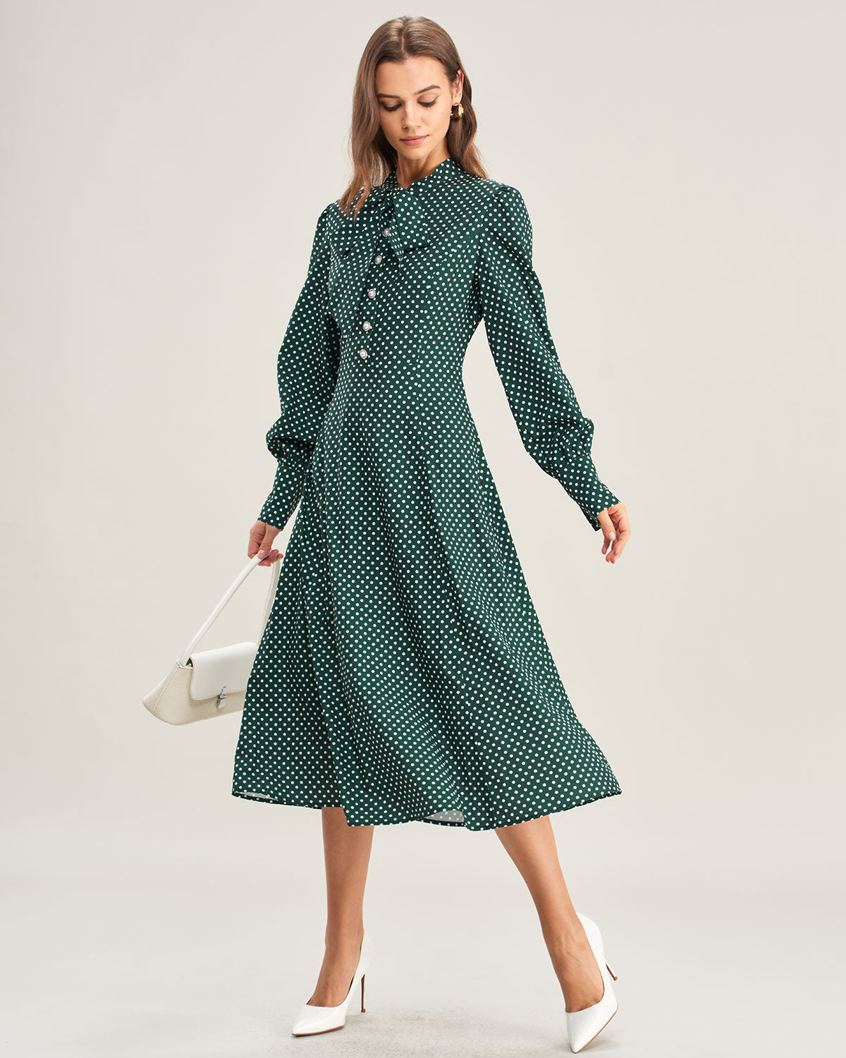 Vestido Midi con Cuello de Lazo de Lunares Verdes