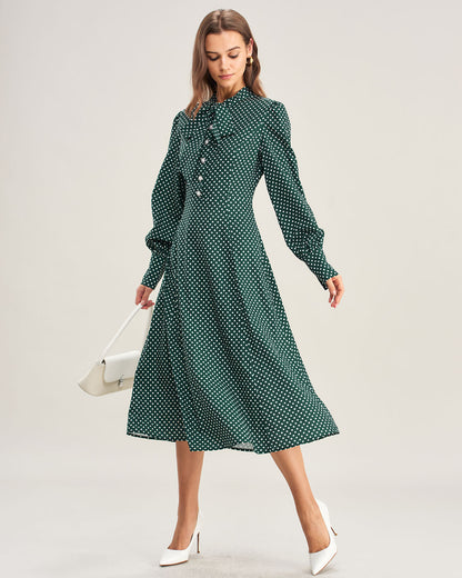 Vestido Midi con Cuello de Lazo de Lunares Verdes