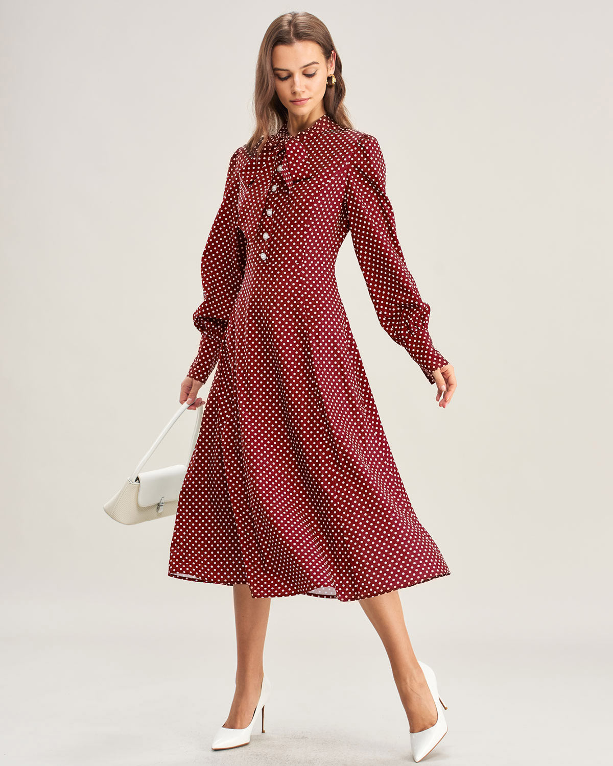 Vestido Midi de Lunares con Manga Obispo en Rojo Vino