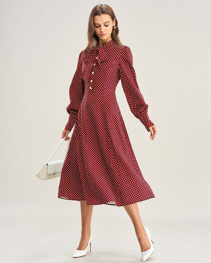 Vestido Midi de Lunares con Manga Obispo en Rojo Vino