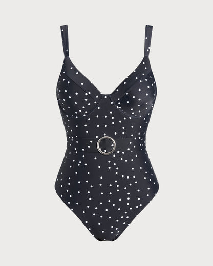 Traje de Baño de Una Pieza con Lunares Negros