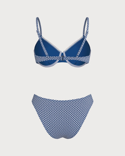 Conjunto de Bikini con Aros de Cuadros Azules