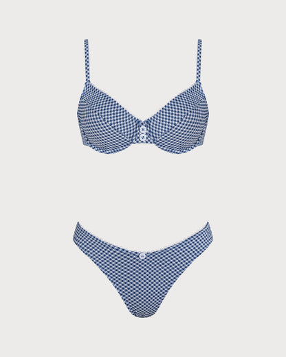 Conjunto de Bikini con Aros de Cuadros Azules
