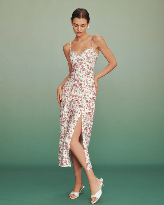 Vestido Maxi de Encaje Floral Rosa