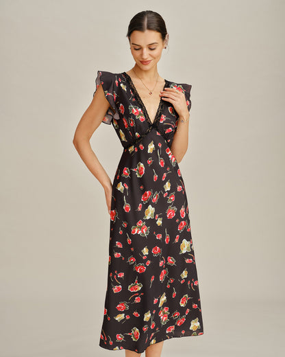 Vestido Midi Floral con Manga Mariposa y Escote en V Negro