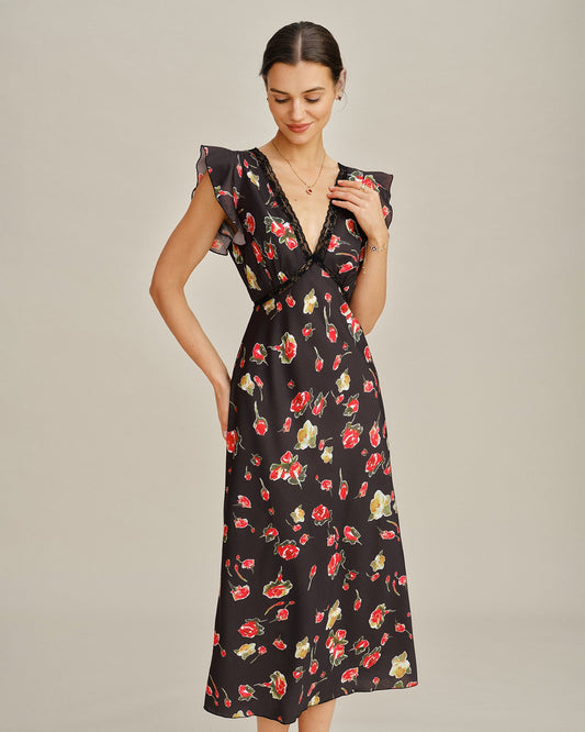 Vestido Midi Floral con Manga Mariposa y Escote en V Negro