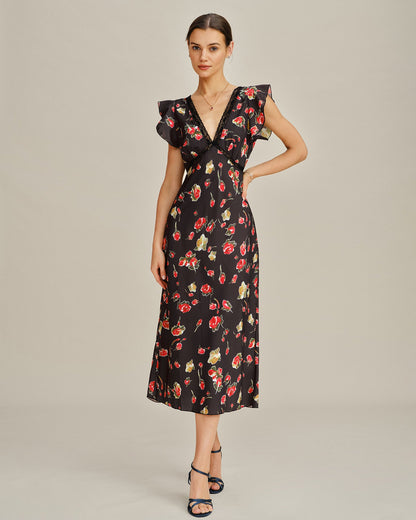 Vestido Midi Floral con Manga Mariposa y Escote en V Negro