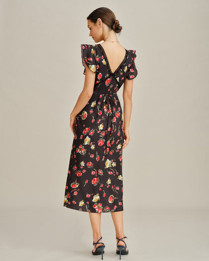 Vestido Midi Floral con Manga Mariposa y Escote en V Negro