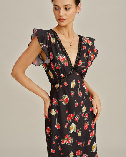 Vestido Midi Floral con Manga Mariposa y Escote en V Negro