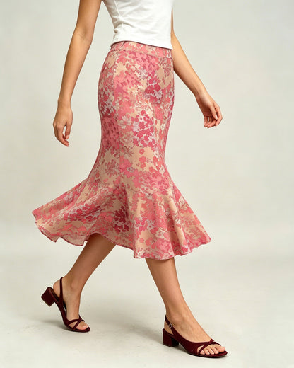 Falda Midi Sirena Floral Rosa