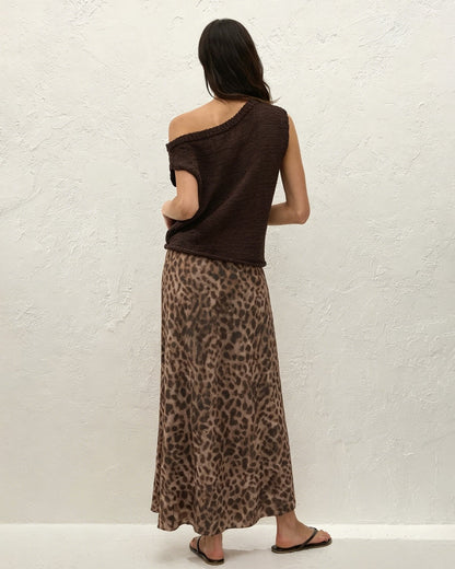 Falda Maxi de Malla con Estampado Animal Marrón