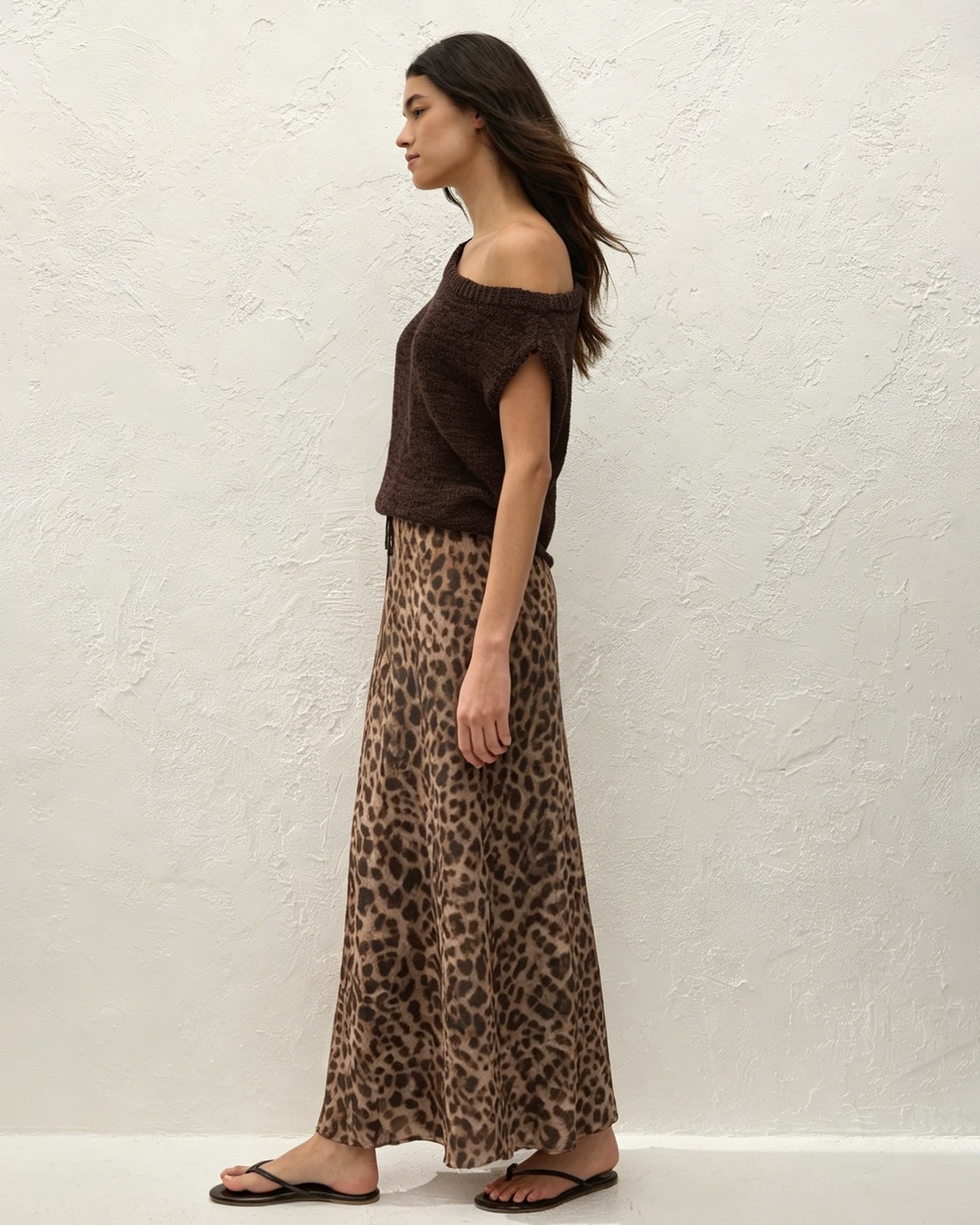 Falda Maxi de Malla con Estampado Animal Marrón