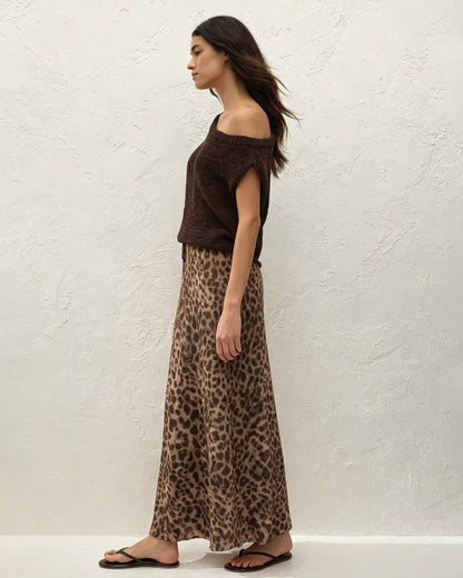 Falda Maxi de Malla con Estampado Animal Marrón