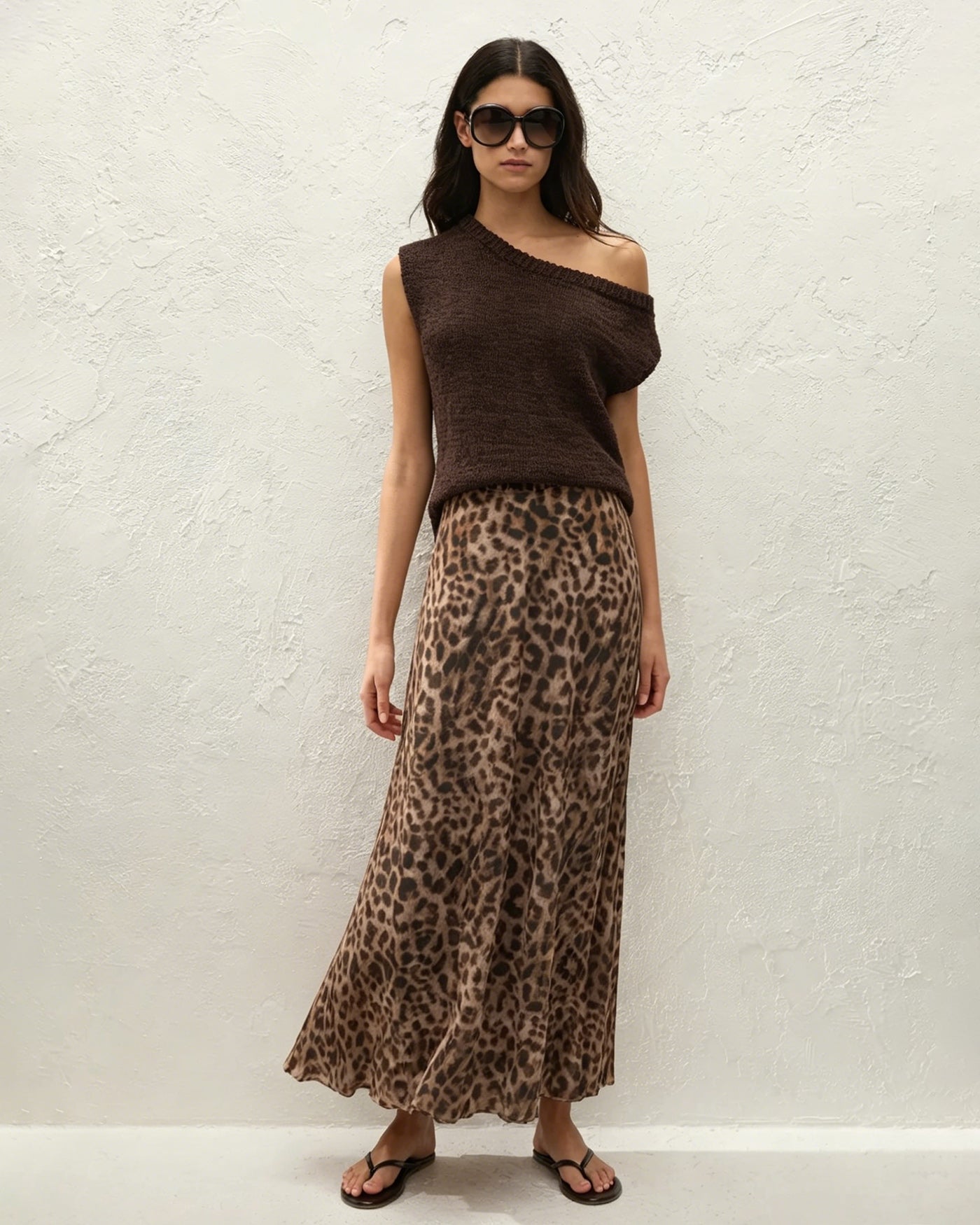 Falda Maxi de Malla con Estampado Animal Marrón