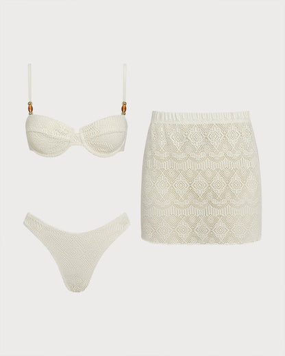 Conjunto de Tres Piezas con Aros Texturizados en Blanco