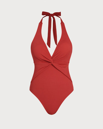 Traje de Baño de Una Pieza con Halter Rojo en Forma de Triángulo