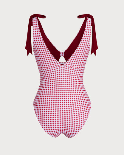 Traje de Baño de Una Pieza a Rayas en Color Rojo Vino