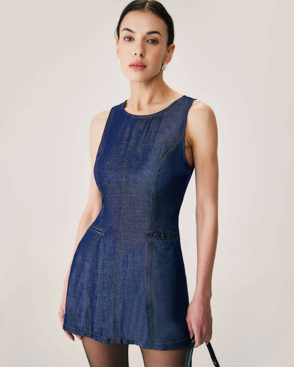 Vestido Mini Sin Mangas Azul con Bolsillos