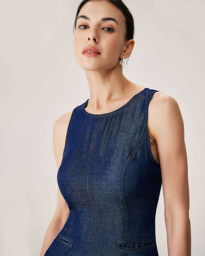 Vestido Mini Sin Mangas Azul con Bolsillos