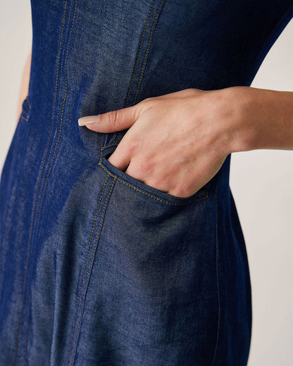 Vestido Mini Sin Mangas Azul con Bolsillos