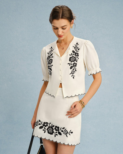 Blusa de Bordado de Manga Abullonada Beige