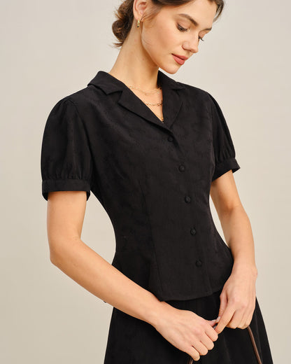 Blusa con Botones y Cuello Bordado Negro