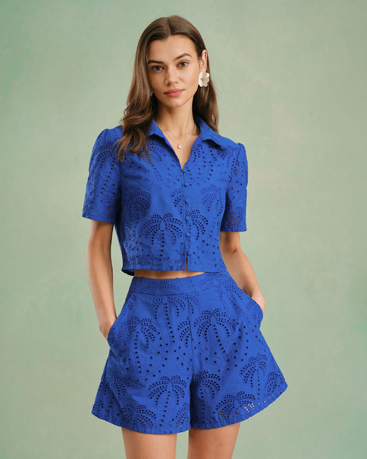 Blusa de Cuello con Botón Texturizado Azul