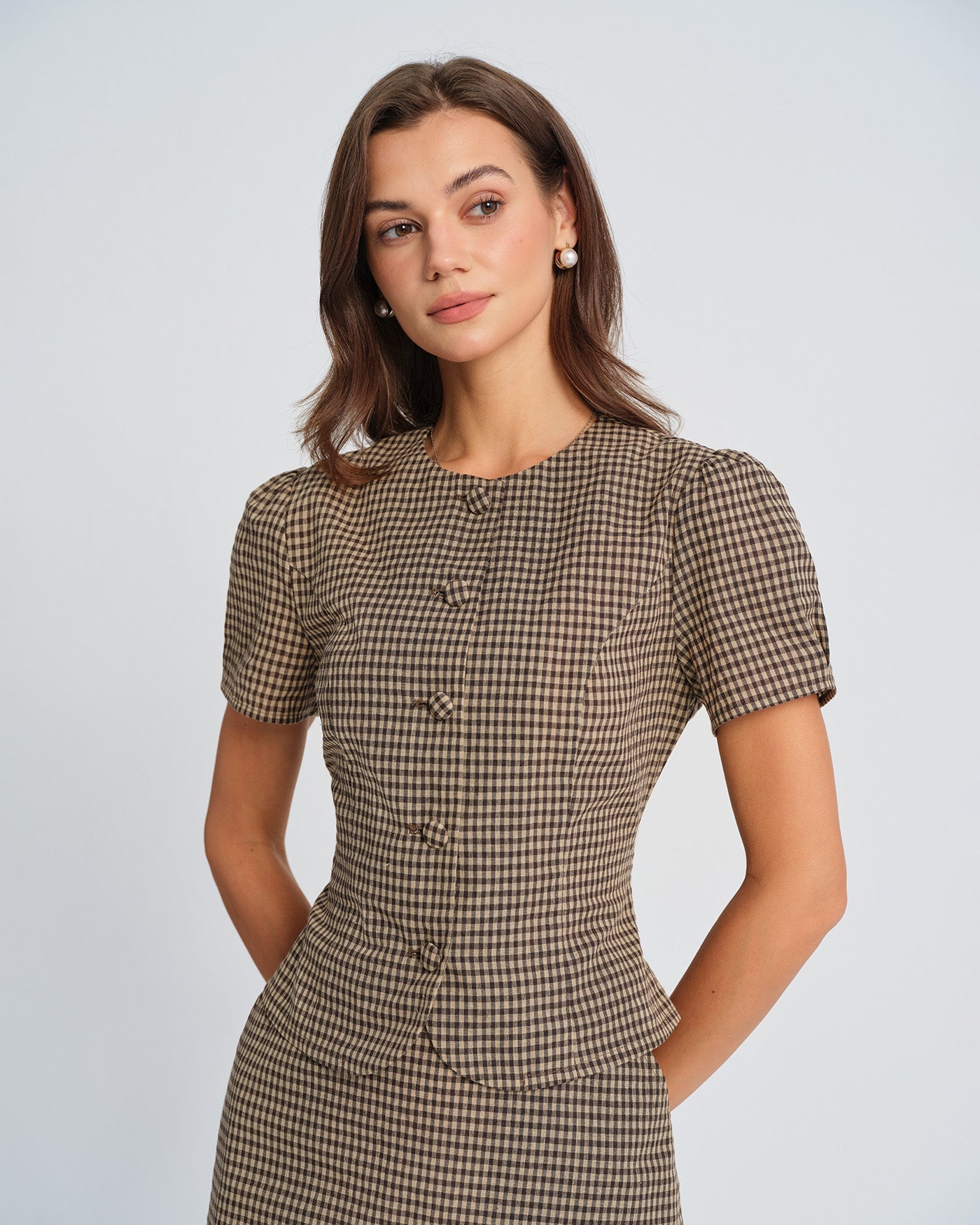 Blusa de Mangas Abullonadas a Cuadros Marrón