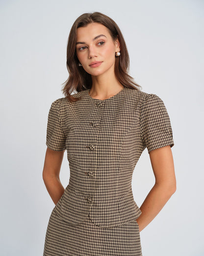 Blusa de Mangas Abullonadas a Cuadros Marrón