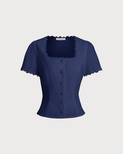Blusa de Botones con Cuello Cuadrado en Azul Marino