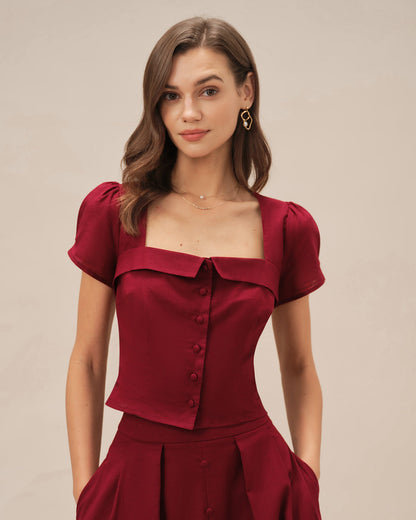 Blusa Roja de Cuello Cuadrado con Lazo Cruzado