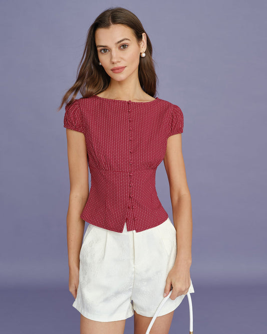 Blusa de Cuello Barco a Cuadros Roja