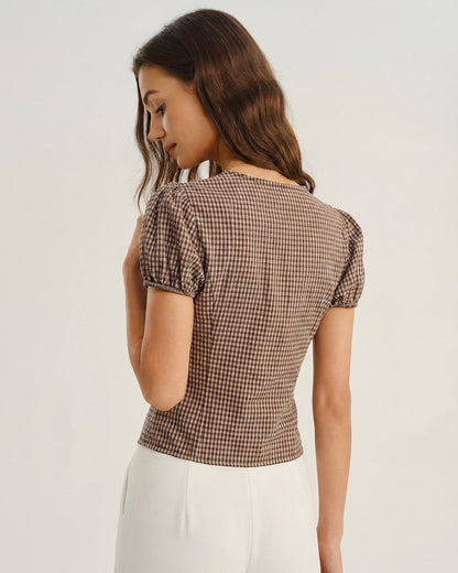 Blusa de Cuello en V Marrón con Mangas Abullonadas a Cuadros