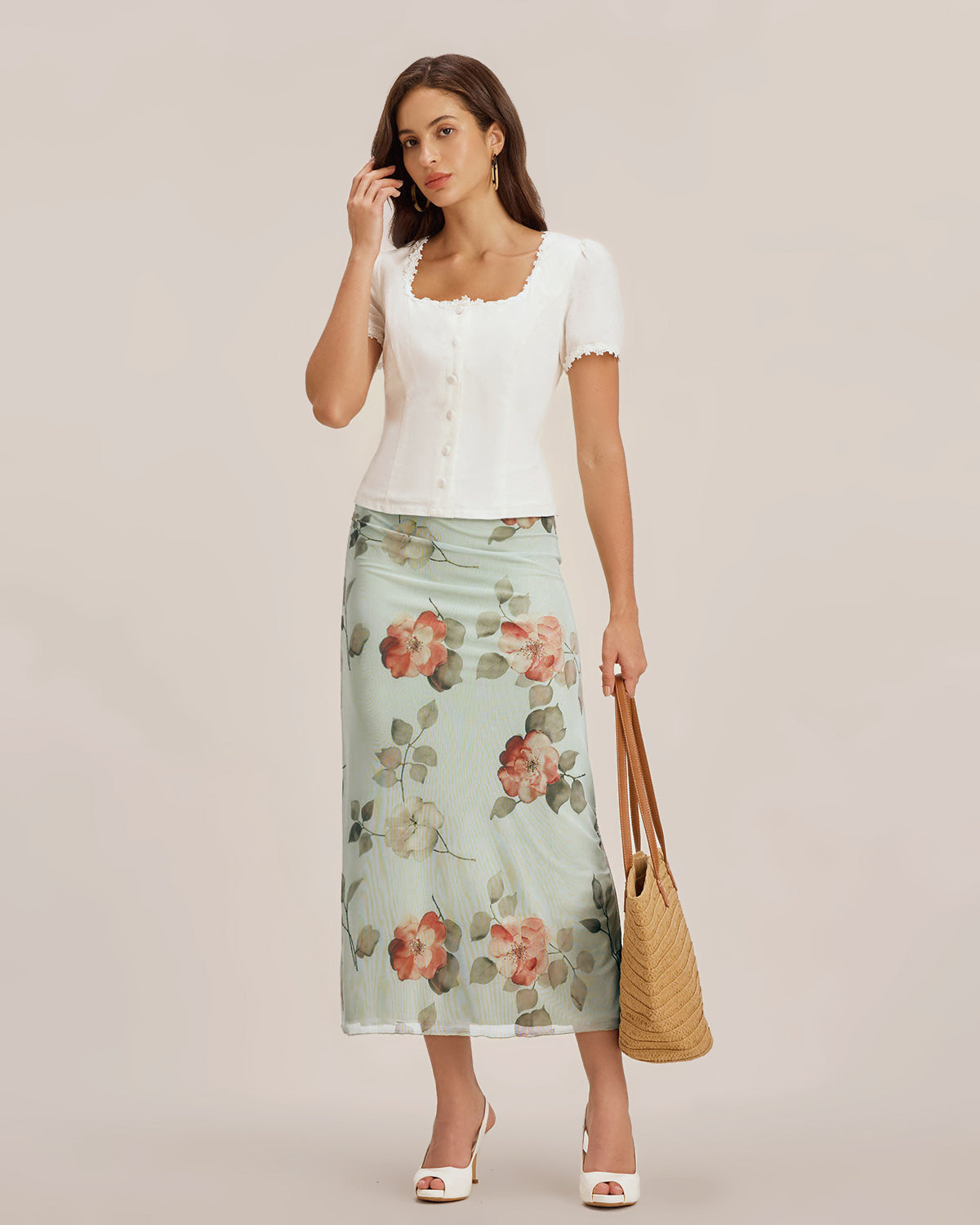 Blusa de Encaje con Botones y Cuello Cuadrado Blanca