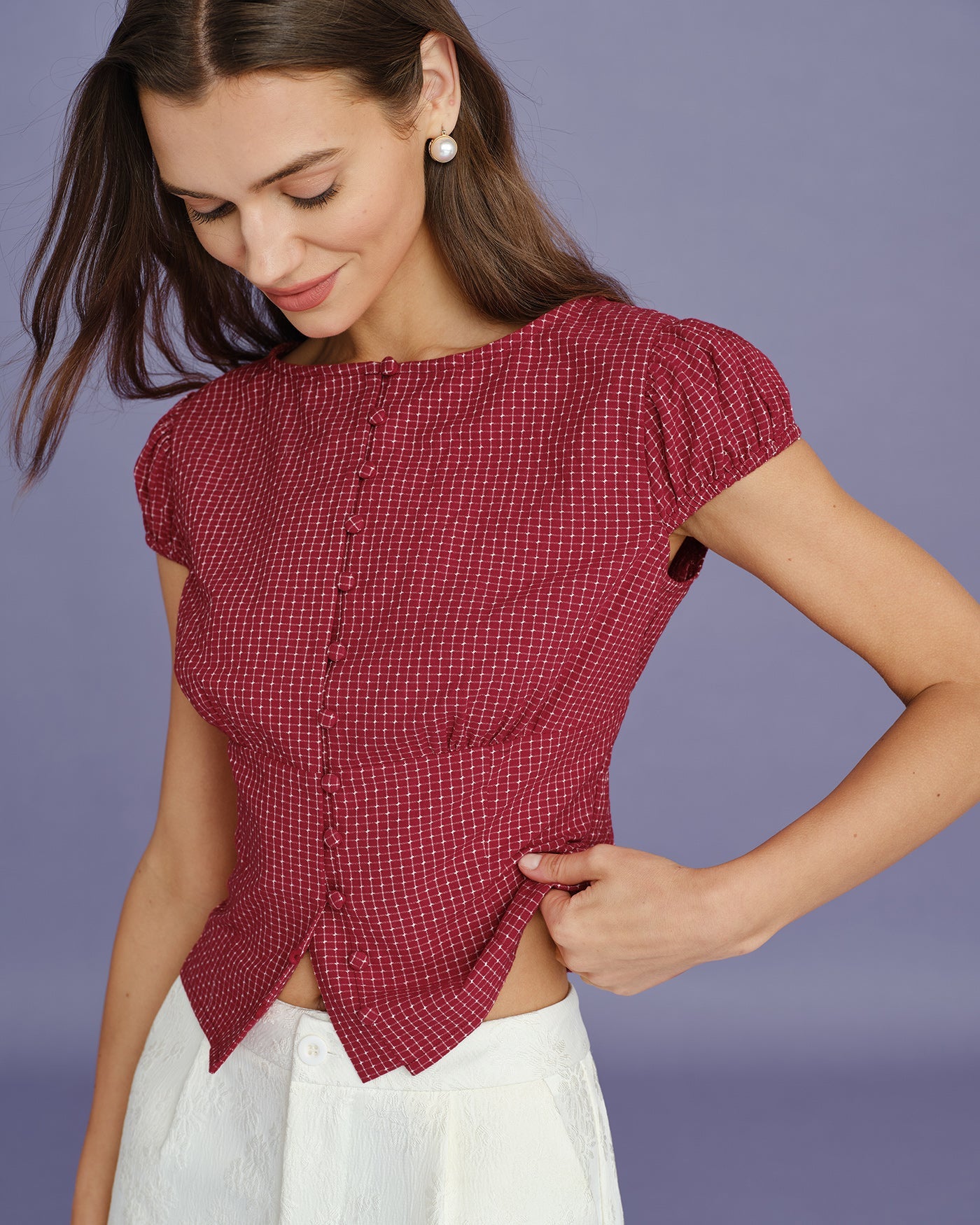 Blusa de Cuello Barco a Cuadros Roja