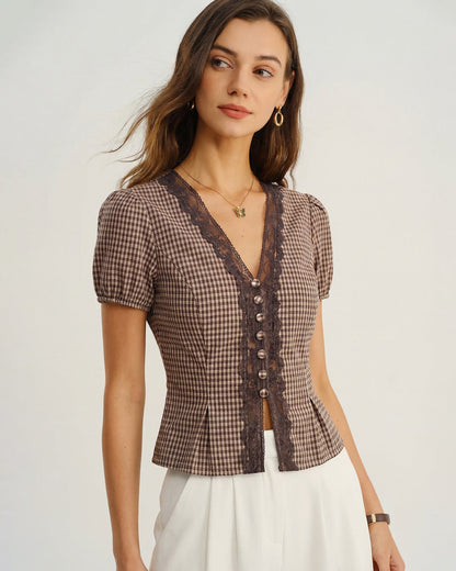 Blusa de Cuello en V Marrón con Mangas Abullonadas a Cuadros