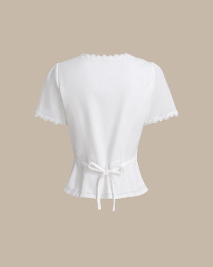 Blusa de Encaje con Botones y Cuello Cuadrado Blanca