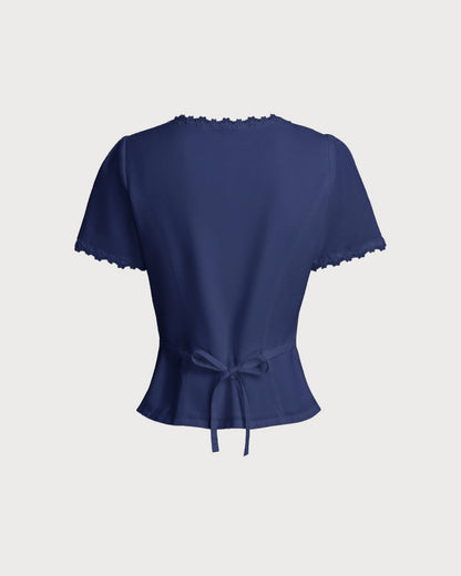 Blusa de Botones con Cuello Cuadrado en Azul Marino