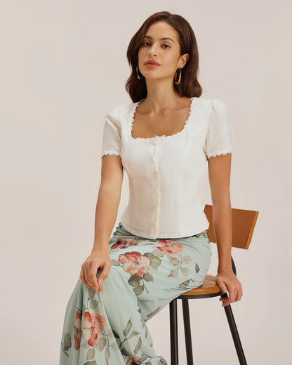 Blusa de Encaje con Botones y Cuello Cuadrado Blanca