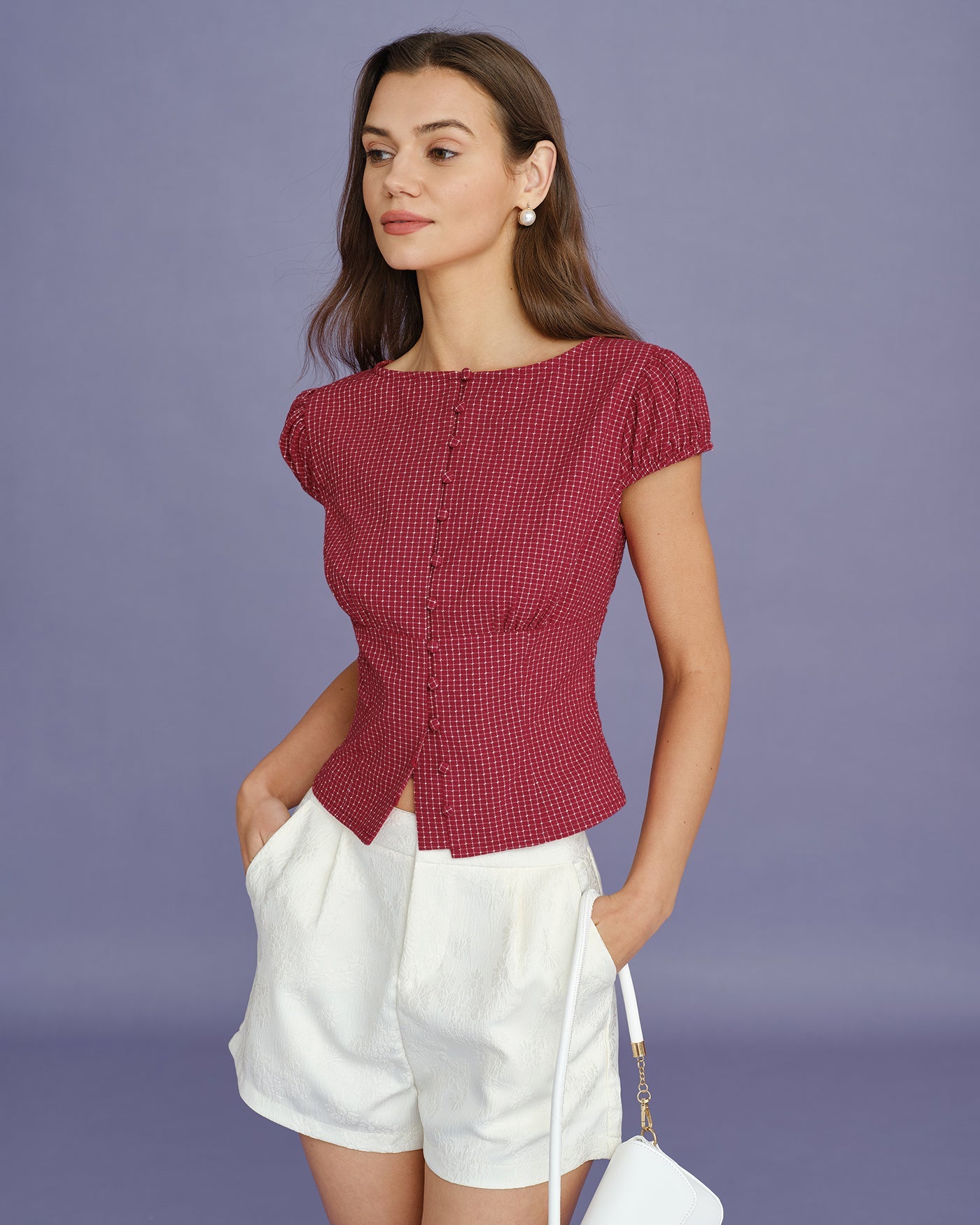 Blusa de Cuello Barco a Cuadros Roja