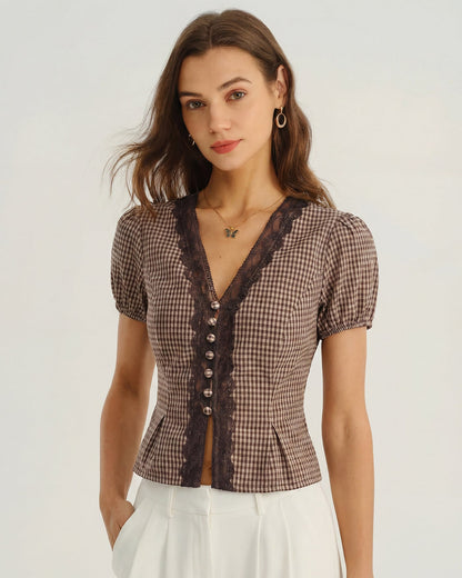 Blusa de Cuello en V Marrón con Mangas Abullonadas a Cuadros