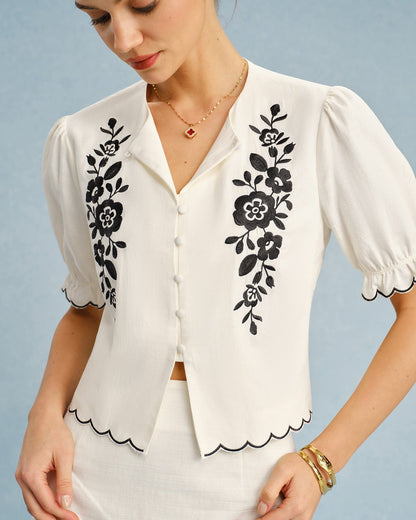 Blusa de Bordado de Manga Abullonada Beige