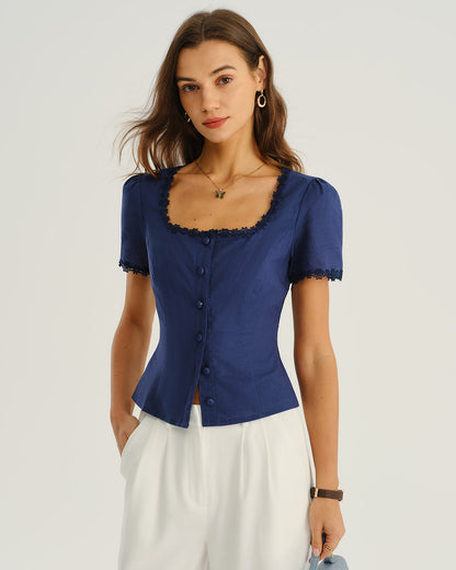 Blusa de Botones con Cuello Cuadrado en Azul Marino