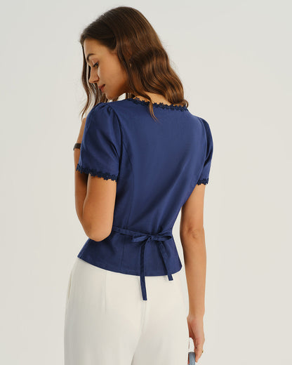 Blusa de Botones con Cuello Cuadrado en Azul Marino