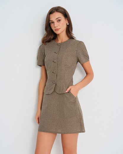 Blusa de Mangas Abullonadas a Cuadros Marrón