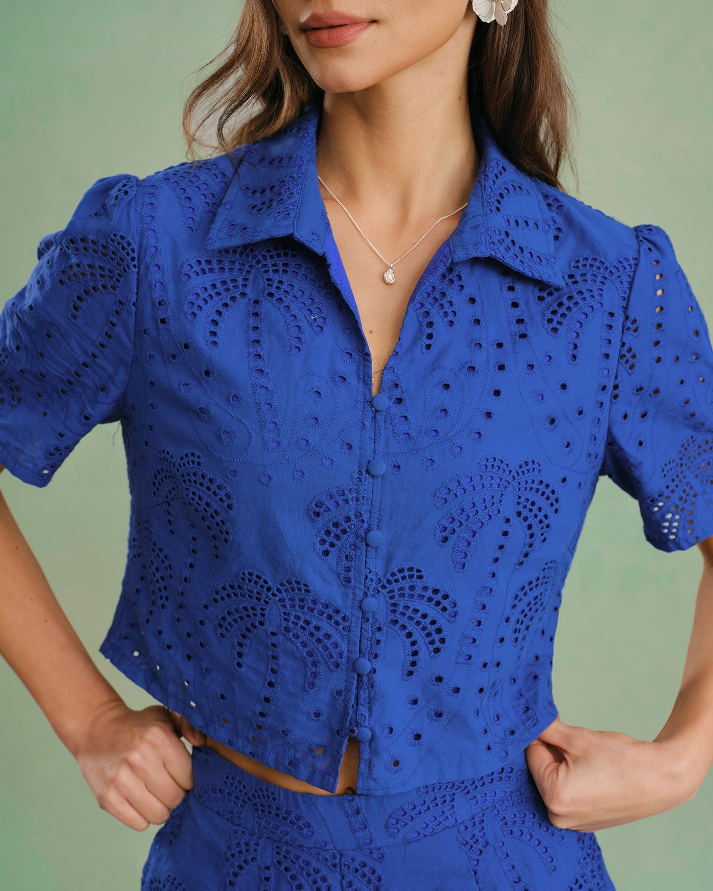 Blusa de Cuello con Botón Texturizado Azul